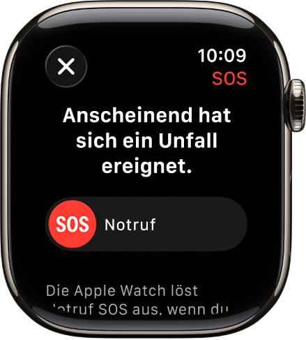Der Bildschirm „Unfallerkennung“ zeigt den SOS-Schieberegler, um einen Notruf abzusetzen.