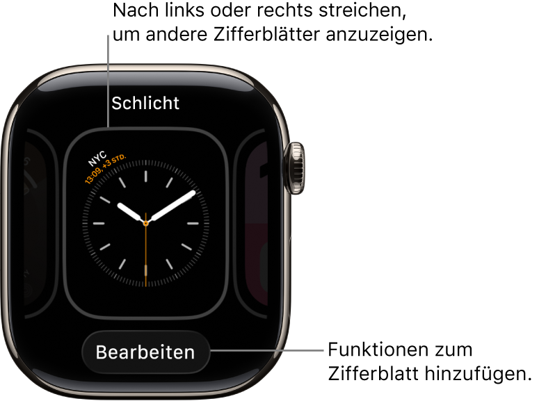 Ein Zifferblatt zeigt die Tasten „Teilen“ und „Bearbeiten“, die erscheinen, nachdem du einen Finger auf das Zifferblatt legst. Der Name des Zifferblatts befindet sich oben. Streiche nach links oder rechts, um andere Zifferblattoptionen anzuzeigen. Tippe auf eine Komplikation, um die gewünschten Funktionen hinzuzufügen.