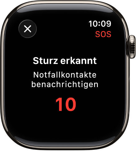 Ein Bildschirm zeigt „Sturz erkannt“ und einen Countdown für die Verständigung der Notfallkontakte.