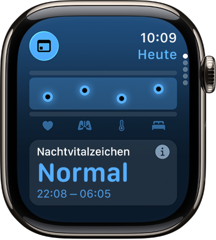 Ein Bildschirm in der App „Vitalzeichen“ zeigt die nächtlichen Gesundheitsmesswerte.