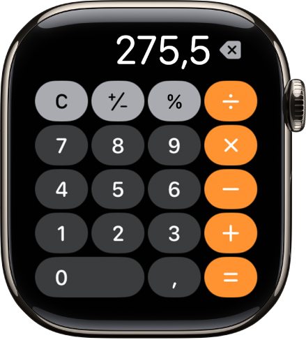 Die Apple Watch mit der App „Rechner“. Auf dem Display ist ein typischer Ziffernblock zu sehen. Rechts befinden sich mathematische Funktionen. Oben sind die Taste „C“, das Plus- und das Minuszeichen sowie eine Taste für die Berechnung von Trinkgeld zu sehen.