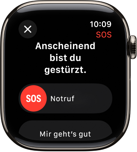 Der Bildschirm „Sturzerkennung“ zeigt den SOS-Schieberegler, um einen Notruf abzusetzen, und die Taste „Mir geht‘s gut“.
