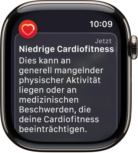 Eine Warnung der App „Herzfrequenz“ über eine niedrige Cardiofitness.