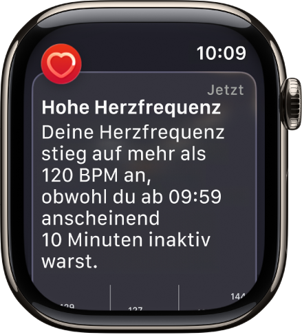 Eine Warnung der App „Herzfrequenz“ über eine hohe Herzfrequenz.