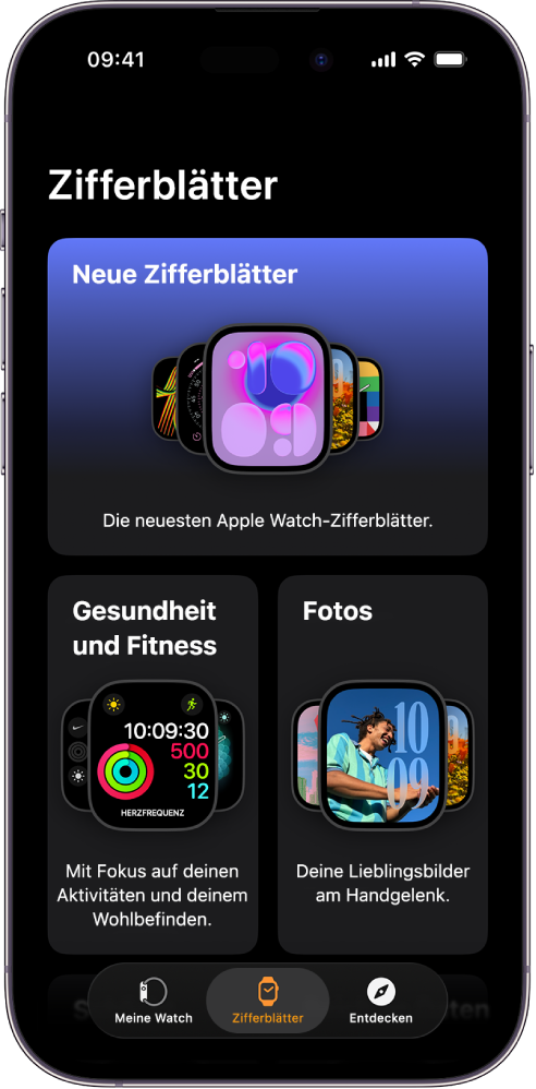 In der geöffneten Apple Watch-App ist die Zifferblattgalerie zu sehen. In der oberen Reihe befinden sich die neuen Zifferblätter, in den folgenden Reihen nach dem Typ gruppierte Zifferblätter – beispielsweise „Gesundheit“, „Fitness“ und „Fotos“. Durch Scrollen kannst du dir weitere nach Typ gruppierte Zifferblätter ansehen.