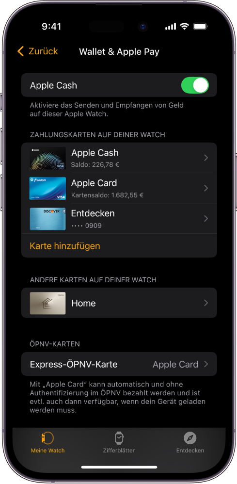 Ein iPhone-Bildschirm zeigt die Einstellungen für „Wallet & Apple Pay“ in der Apple Watch-App.