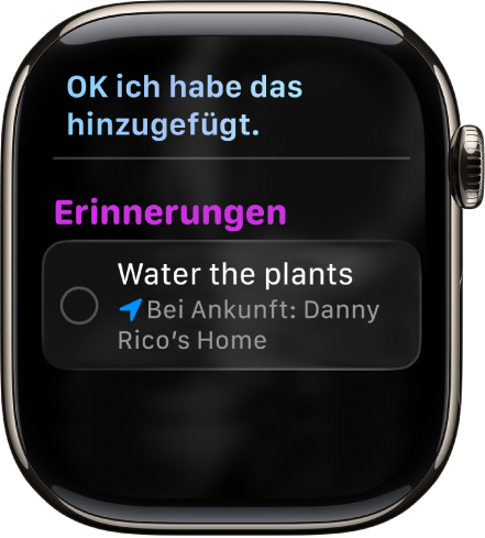 Der Bildschirm „Siri“ zeigt eine Erinnerung, der zu einer To-Do-Liste hinzugefügt wurde.