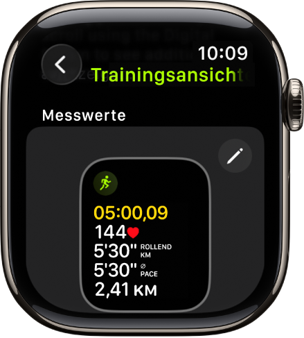 Der Bildschirm „Trainingsansichten“ zeigt die Ansicht „Messwerte“ für ein Wandertraining.