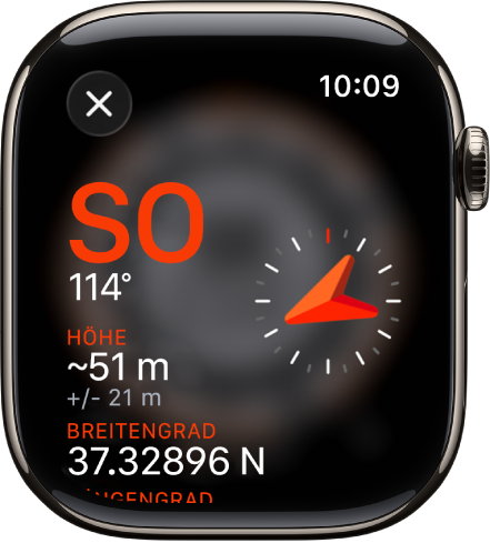 Die App „Kompass“ mit dem Bildschirm „Info“. Die Peilungsdaten werden in der Mitte links angezeigt und umfassen die Kompassrichtung (Südost) und die Gradanzahl (114 Grad). Darunter stehen die aktuellen Werte für das Gefälle und die Höhe. Rechts befindet sich eine Kompassanzeige. Oben links ist die Taste „Schließen“.