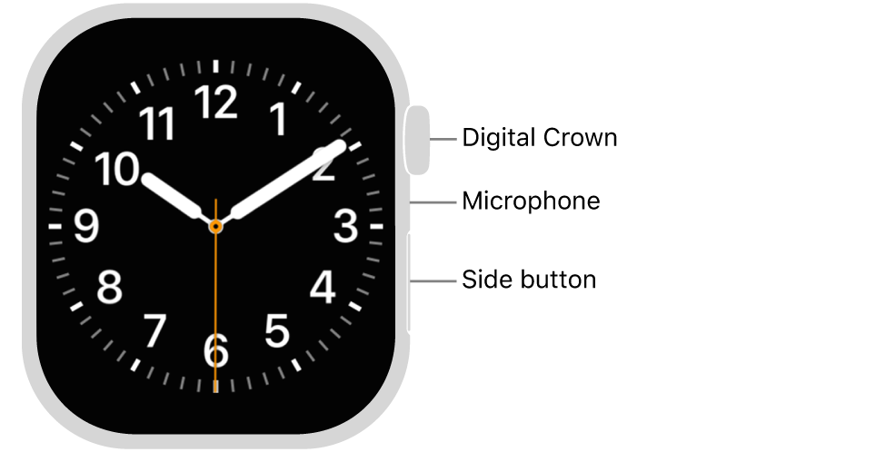 The front of Apple Watch Series 11, with the display showing the watch face, and the Digital Crown, microphone, and side button from top to bottom on the side of the watch.