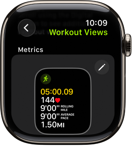 The Workout Views screen, showing the Metrics workout view for a Hiking workout.
