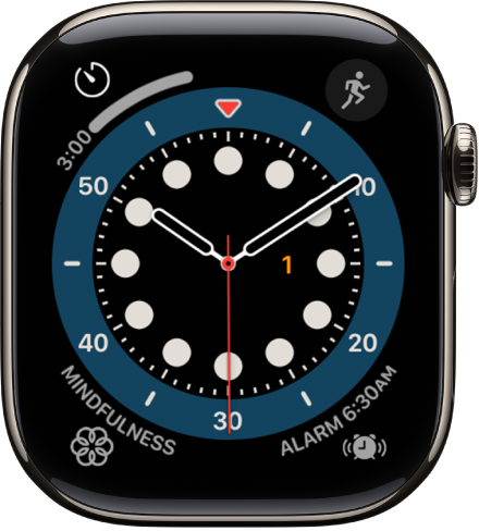 The Count Up watch face. It shows four complications: Workout at the top left, Messages at the top right, Mindfulness at the bottom left, and Music at the bottom right.