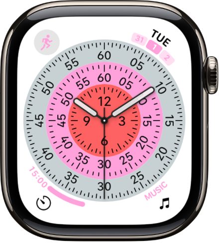 The Exactitudes watch face. It shows four complications: Workout at the top left, the date at the top right, Timers at the bottom left, and Music at the bottom right.