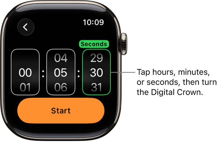 Settings for creating a custom timer, with the hour on the left, the minutes in the middle, and seconds on the right. The Start button is below.