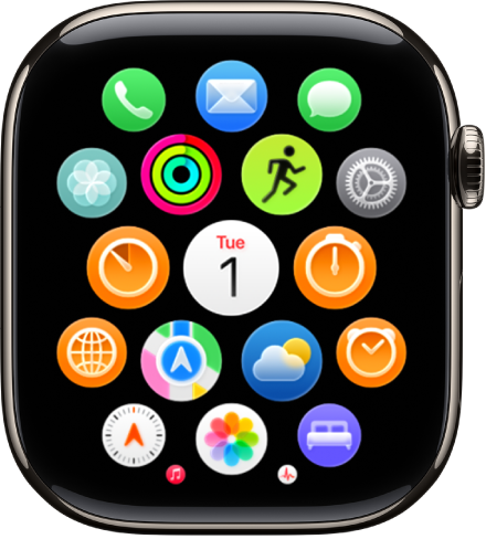 The Home Screen in grid view, with apps in a cluster.