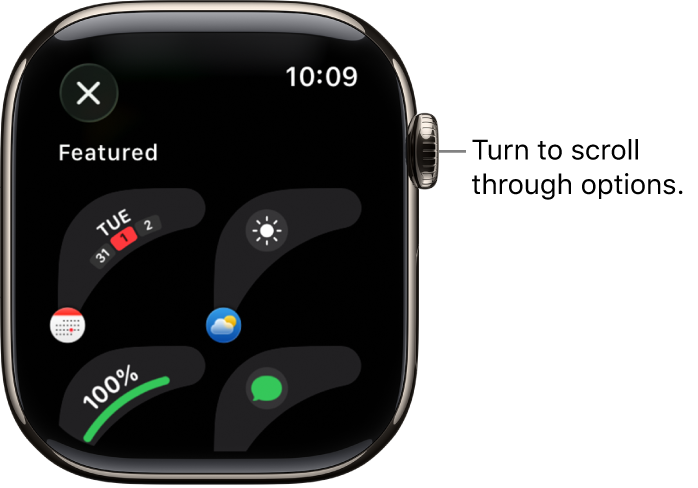 The customize screen for a watch face showing featured complications. Turn the Digital Crown to browse complications.