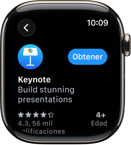La pantalla de App Store mostrando la página de producto de una app con una breve descripción de la app, sus clasificaciones y el botón Obtener a la derecha.