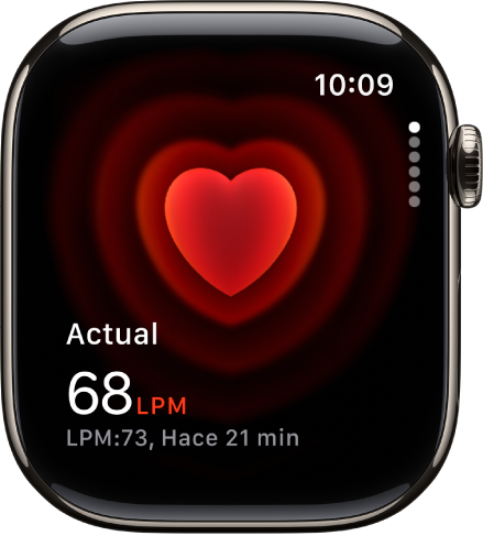 La pantalla de Frecuencia Cardiaca con la frecuencia cardiaca actual en el área inferior izquierda, y debajo está la lectura más reciente en una letra más pequeña.