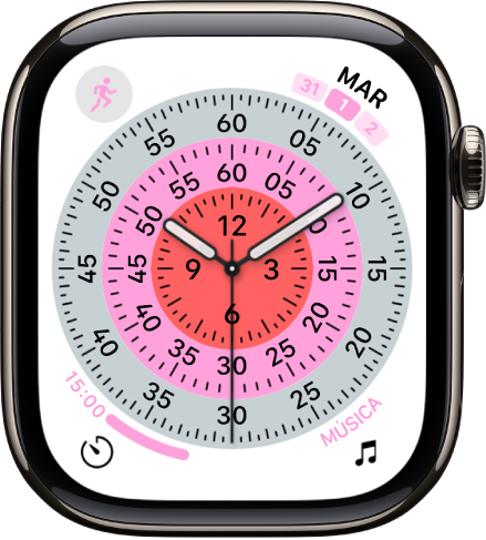 La carátula Exactitudes. Muestra cuatro complicaciones: Entrenamiento en la esquina superior izquierda, la fecha en la esquina superior derecha, Temporizadores en la esquina inferior izquierda y Música en la esquina inferior derecha.