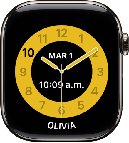 La carátula Horario escolar mostrando un reloj analógico con la fecha y un temporizador digital cerca del centro. El nombre del menor de edad que usa el reloj se muestra en el área inferior.