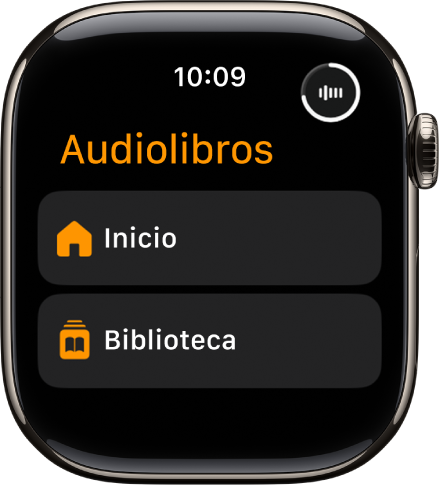 La app Audiolibros mostrando los botones Inicio y Biblioteca.