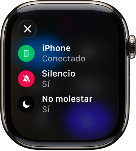 Los detalles de estado muestran el iPhone conectado, la app Mensajes usando Localización y los modos Silencio y No molestar activados.