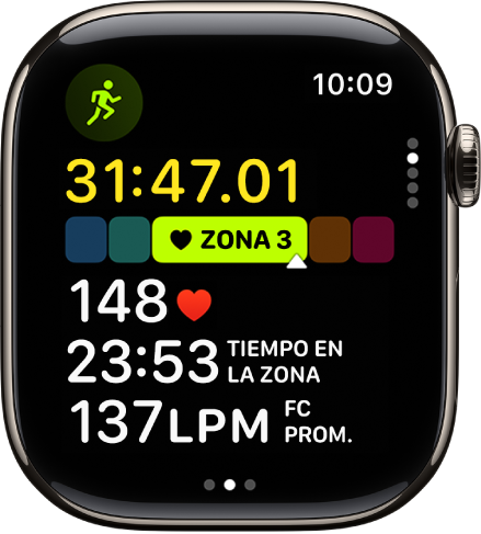 Un entrenamiento de correr en progreso muestra el tiempo transcurrido, la zona en la que te encuentras, la frecuencia cardiaca, el tiempo en la zona y la frecuencia cardiaca promedio.