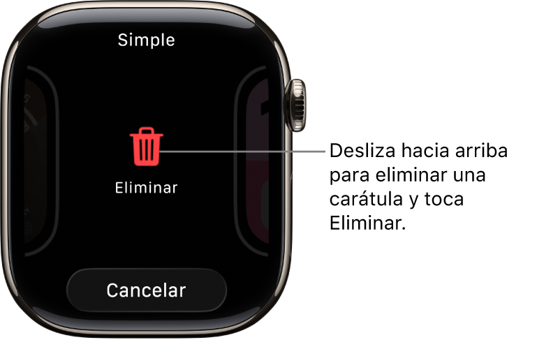 La pantalla del Apple Watch mostrando los botones Eliminar y Cancelar, que aparecen una vez que se desplaza hasta una carátula y se desliza hacia arriba para eliminarla.