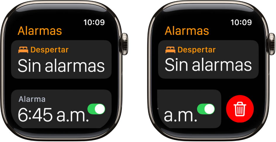 Dos pantallas de relojes mostrando el proceso para eliminar una alarma.