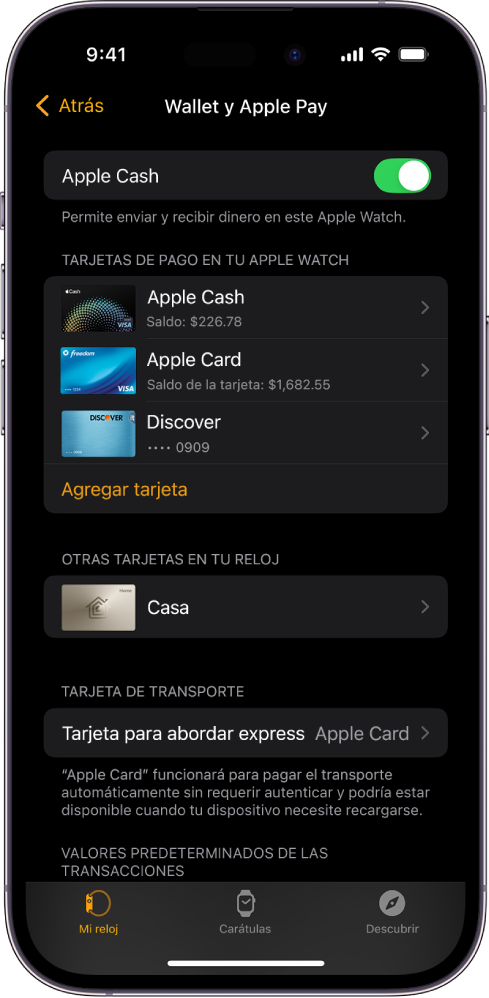 Una pantalla del iPhone mostrando la configuración de Wallet y Apple Pay en la app Apple Watch.