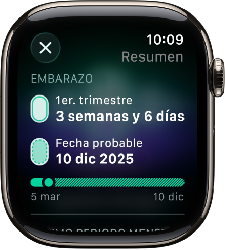 Pantalla de la app Control del Ciclo mostrando un embarazo registrado con con la edad gestacional y la fecha prevista del parto en el centro de la pantalla.