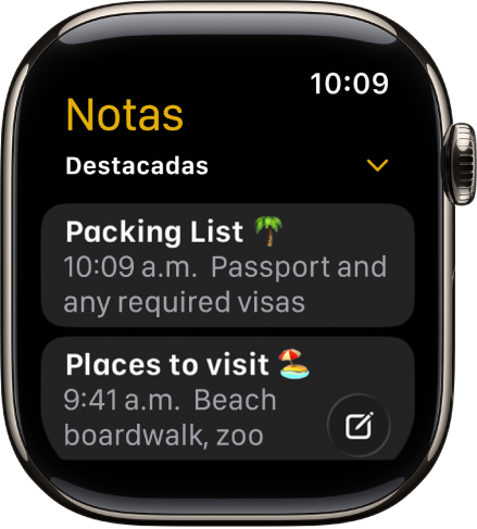 La pantalla Notas mostrando dos notas destacadas.