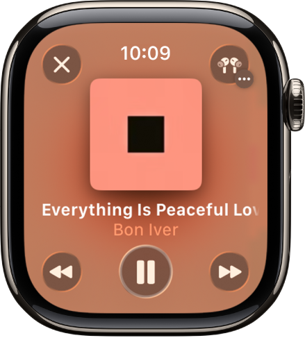 La pantalla de Ahora suena de la app Música. La ilustración del álbum está en medio, el título de la canción y el artista están debajo. En la parte inferior de la pantalla están los botones Anterior, Reproducir/Pausar y Siguiente. El botón Más opciones está en la esquina superior derecha. El botón Atrás está en la esquina superior izquierda.