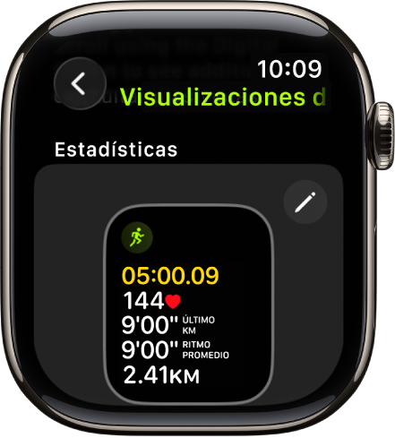 La pantalla Visualizaciones de entrenamiento mostrando las estadísticas de un entrenamiento de senderismo.