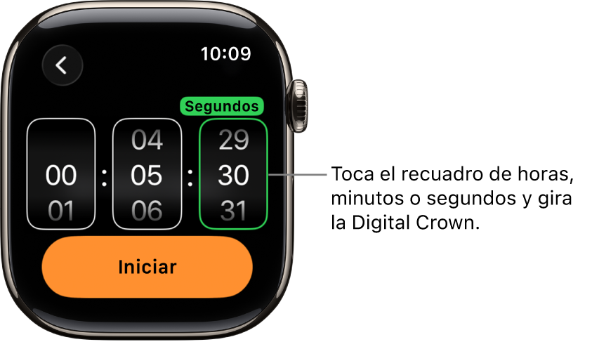 Configuración para crear un temporizador personalizado, con las horas en la izquierda, los minutos en el centro y los segundos en la derecha. Debajo está el botón Iniciar.
