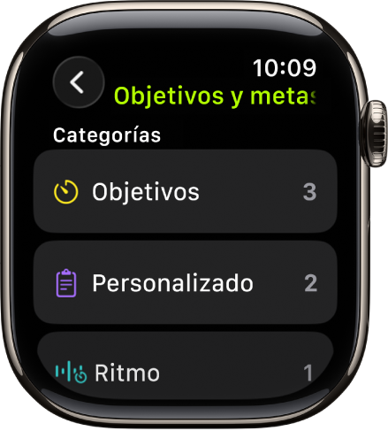 La app Entrenamiento muestra los objetivos creados, los entrenamientos personalizados y un entrenamiento Ritmo.