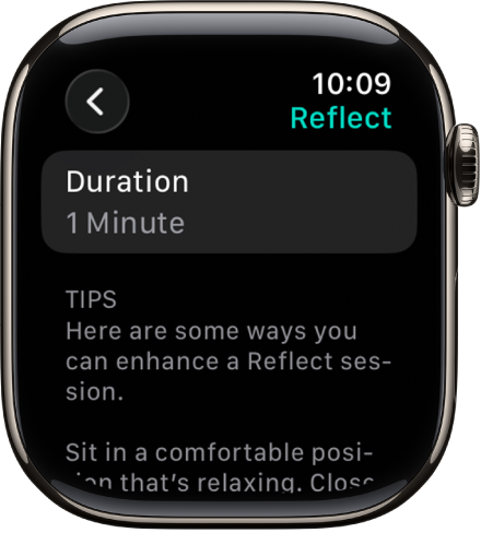 Pantalla de la app Mindfulness con una duración de 1 minuto en la parte superior. Debajo hay consejos para ayudar a mejorar una sesión de reflexión.