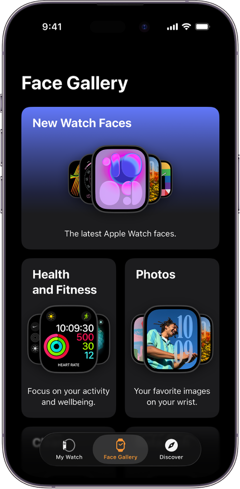 App Apple Watch con la galería de esferas abierta. La fila superior muestra las esferas nuevas y las siguientes filas, esferas agrupadas por tipo (“Salud y forma física” y Fotos). Puedes desplazarte para ver más esferas agrupadas por tipo.
