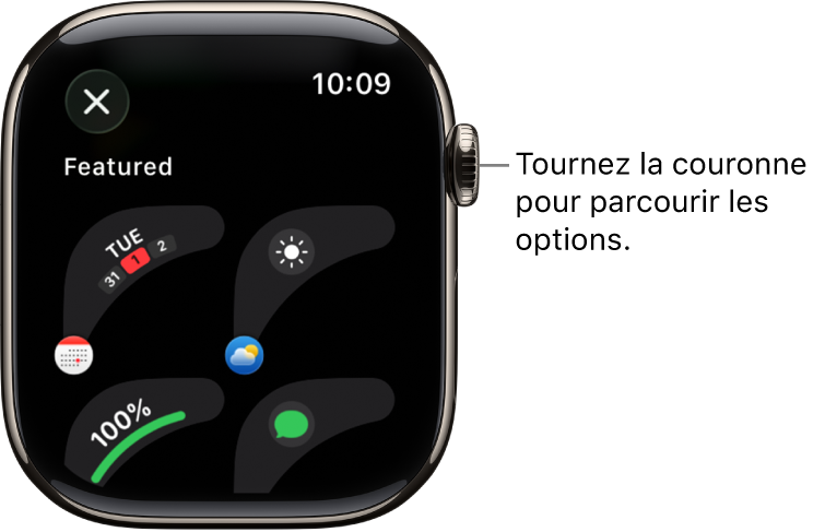 L’écran de personnalisation d’un cadran qui affiche les complications en vedette. Tournez la Digital Crown pour parcourir les complications.