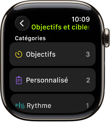 L’app Exercice affichant des objectifs créés, des exercices personnalisés et un exercice Rythme.