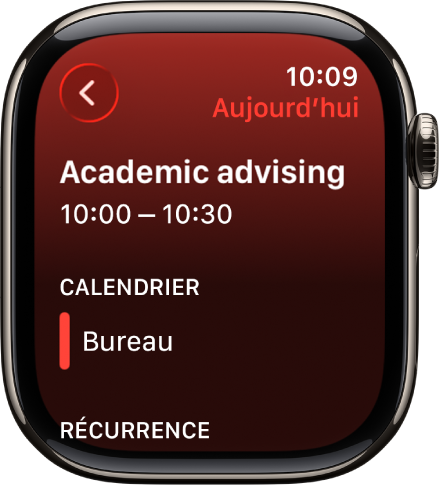 L’écran Calendrier affichant un nouvel évènement. Le nom de l’évènement se trouve en haut avec l’heure indiquée dessous. Sous l’en-tête Calendrier sont affichés la date de l’évènement et le nom du calendrier auquel appartient l’évènement.