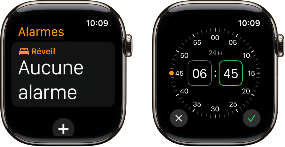 Deux cadrans montrant comment ajouter une alarme : il suffit de toucher « Ajouter une alarme », toucher les heures ou les minutes (et AM ou PM, le cas échéant), faire tourner la Digital Crown pour régler l’heure, puis toucher le bouton en forme de coche.
