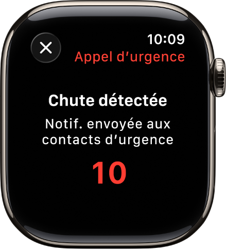 Écran affichant le message Chute détectée et un compte à rebours avant d’avertir les secours.