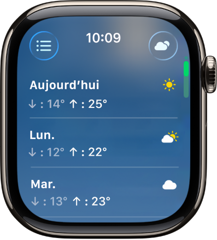 L’écran des prévisions sur 10 jours, présentant les estimations de températures maximales et minimales pour 4 jours.