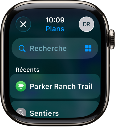 L’écran Rechercher dans l’app Plans avec un champ de recherche vers le haut. Une liste des recherches récentes apparaît en bas.
