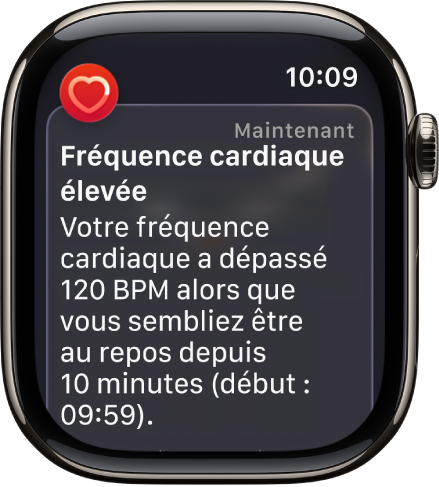Une alerte Fréquence cardiaque, indiquant une fréquence cardiaque élevée.