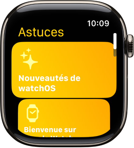 L’app Astuces affichant des collections d’astuces telles que Bienvenue sur l’Apple Watch.