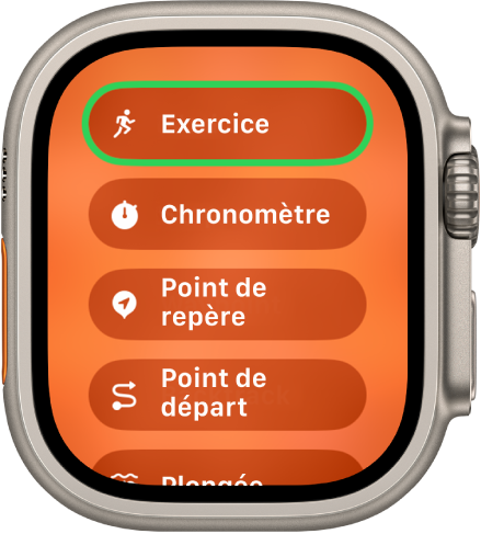 L’écran Permutation rapide affichant les actions pouvant être assignées au bouton Action, comme Exercice, Chronomètre et Point de repère.