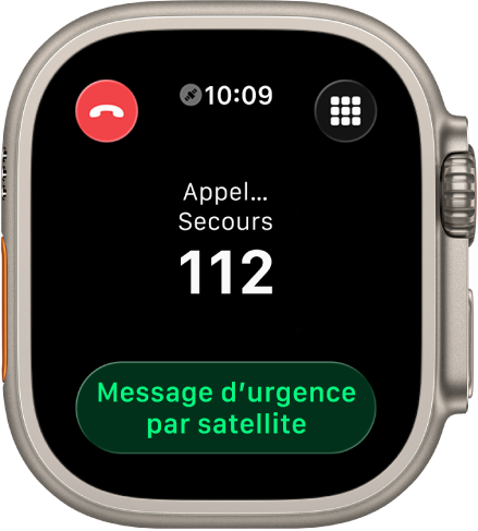 Écran affichant Aucune connexion après une tentative d’appel des secours. Le bouton Message d’urgence se trouve en bas.