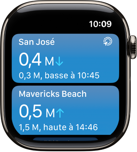 Écran dans l’app Marées affichant une liste de lieux avec des informations sur les marées.